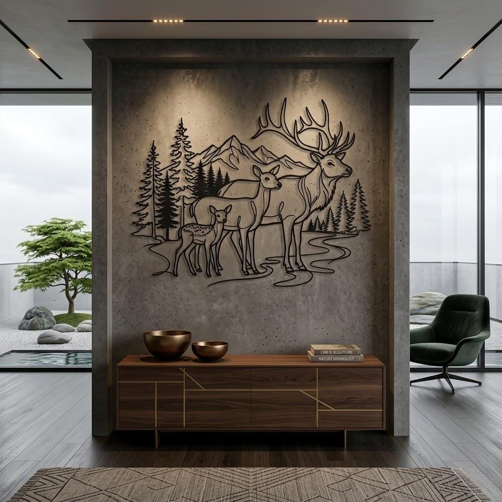 Deer Family Metal Wall Art, Rustic Wildlife Decor, Mountain Forest Cabin Wall Hanging Gift