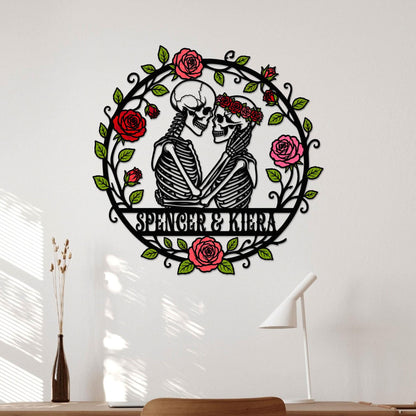 Personalized Skeleton Lovers Metal Sign, Custom Gothic Skull Couple Wall Decor, Spooky Anniversary Gift, Halloween Wedding Sign