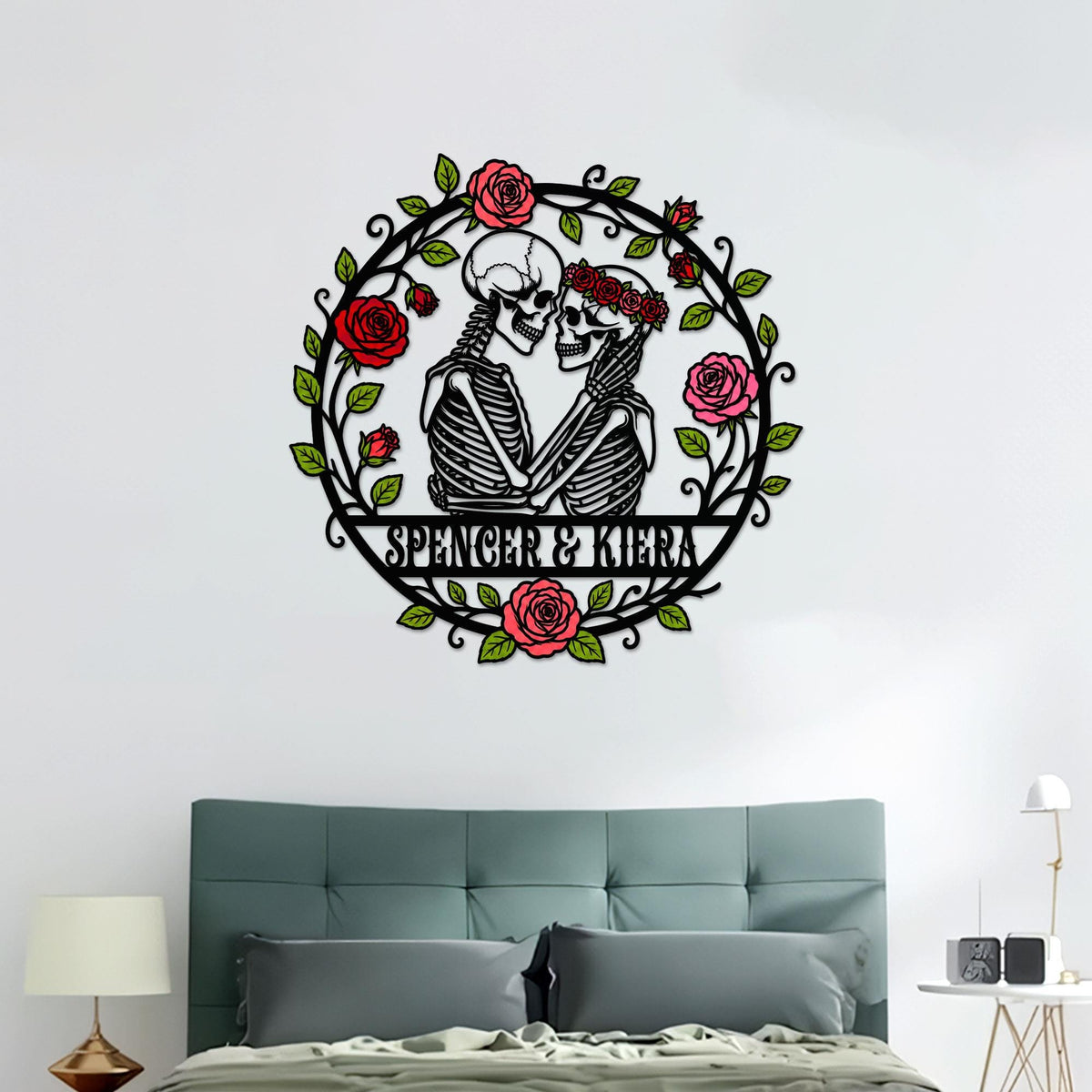 Personalized Skeleton Lovers Metal Sign, Custom Gothic Skull Couple Wall Decor, Spooky Anniversary Gift, Halloween Wedding Sign