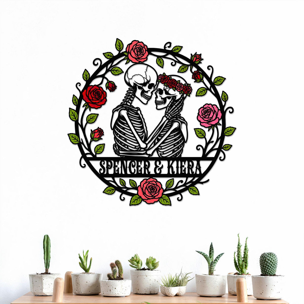 Personalized Skeleton Lovers Metal Sign, Custom Gothic Skull Couple Wall Decor, Spooky Anniversary Gift, Halloween Wedding Sign
