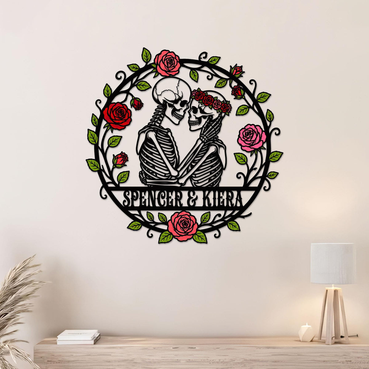 Personalized Skeleton Lovers Metal Sign, Custom Gothic Skull Couple Wall Decor, Spooky Anniversary Gift, Halloween Wedding Sign