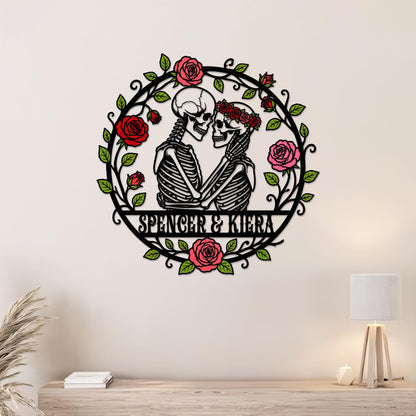 Personalized Skeleton Lovers Metal Sign, Custom Gothic Skull Couple Wall Decor, Spooky Anniversary Gift, Halloween Wedding Sign