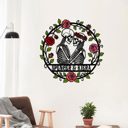 Personalized Skeleton Lovers Metal Sign, Custom Gothic Skull Couple Wall Decor, Spooky Anniversary Gift, Halloween Wedding Sign