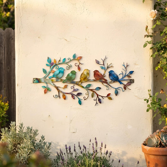 Colorful Metal Bird Wall Art, Birds On Branch Garden Decor, Outdoor Patio Fence Porch Hanging Decoration, Garden Decor,Nature Lover Gift