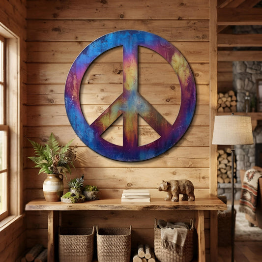 Colorful Peace Sign Metal Wall Art, Large Boho Wall Decor, Rustic Round Wall Hanging for Home, Garden, Cabin or Entryway, Peace Lover Gift