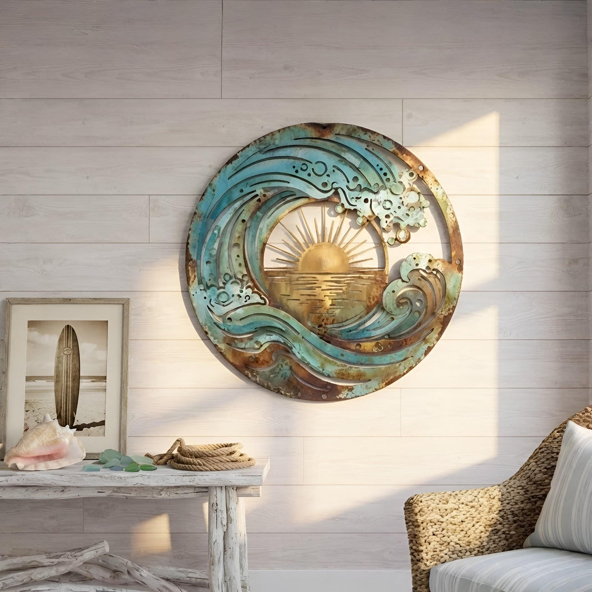 Ocean Sunset Metal Wall Art, Round Coastal Wave Decor, Rustic Nautical Wall Hanging for Living Room, Beach House Decor