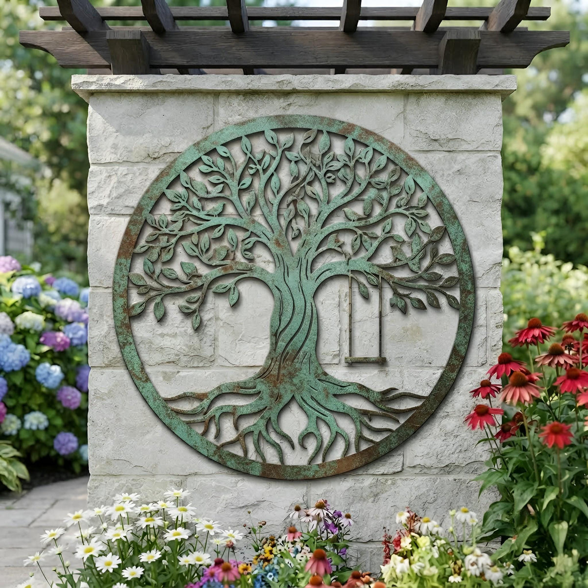 Tree of Life Metal Wall Art with Swing, Tree of Life Garden Decor, Rustic Tree of Life Outdoor Wall Hanging, Nature Home Accent