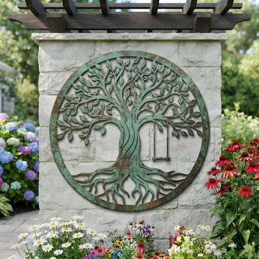 Tree of Life Metal Wall Art with Swing, Tree of Life Garden Decor, Rustic Tree of Life Outdoor Wall Hanging, Nature Home Accent