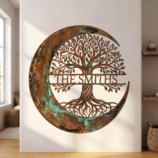 Custom Family Name Tree of Life Metal Sign, Personalized Last Name Wall Decor, Crescent Moon Family Plaque, Family Gift