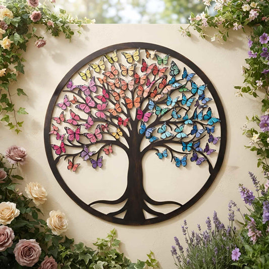 Colorful Butterfly Tree Of Life Wall Art, Round Tree of Life Metal Decor, Custom Rainbow Tree of Life Wall Art, Outdoor Garden Wall Hanging