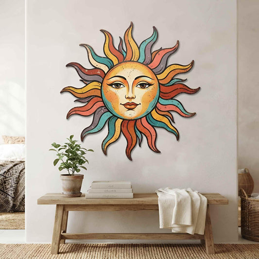 Rustic Sun Face Garden Wall Art, Vibrant Metal Outdoor Decor, Bohemian Patio Sculpture, Colorful Celestial Garden Decor
