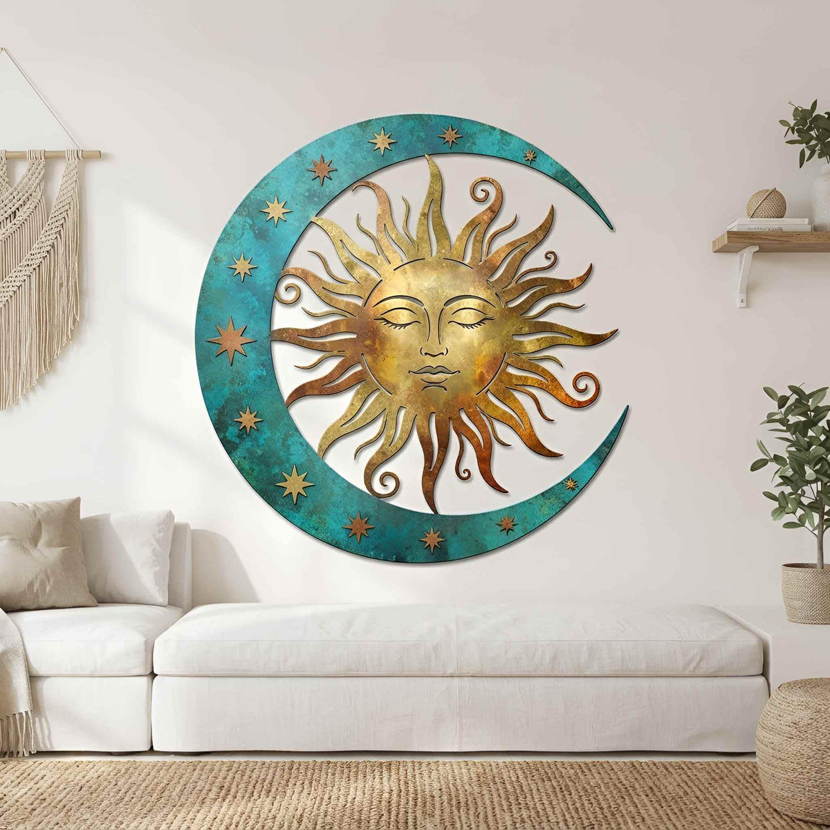 Celestial Sun and Moon Metal Wall Art, Turquoise Crescent and Stars Decor, Boho Indoor Outdoor Garden Wall Hanging, Home Decor