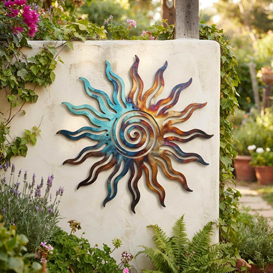 Colorful Sun Metal Wall Hanging, Spiral Celestial Art,Southwestern Outdoor Decor, Boho Garden Decor, Rustic Outdoor Housewarming Gift