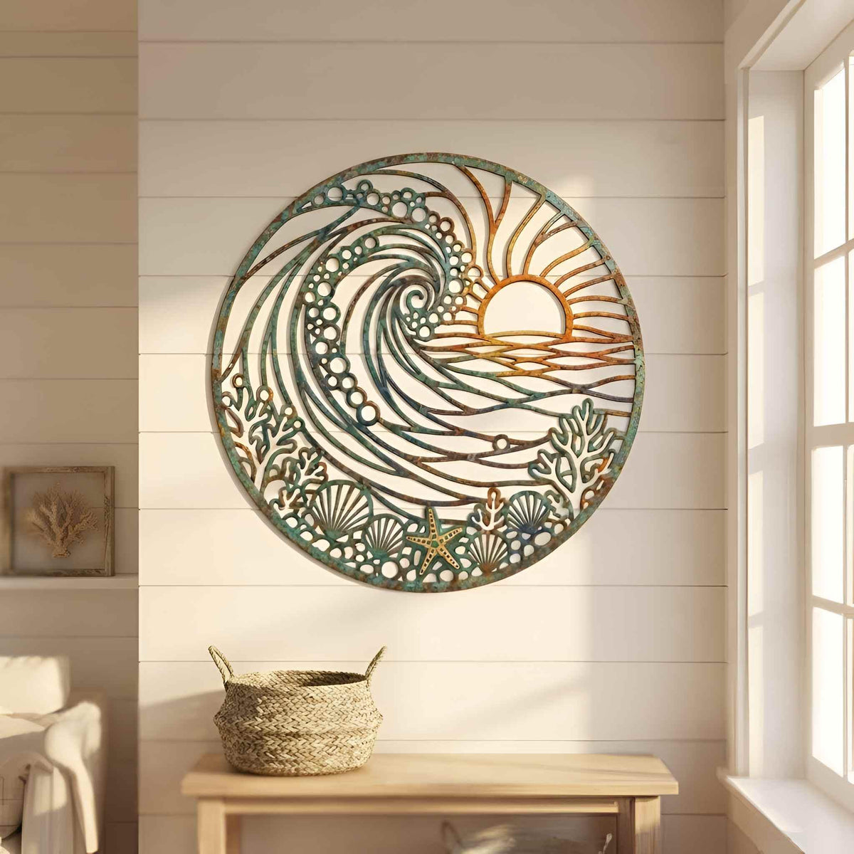 Coastal Metal Wall Art, Ocean Wave and Sunset Decor, Round Nautical Wall Hanging, Beach House Decor, Tropical Beach House Accent