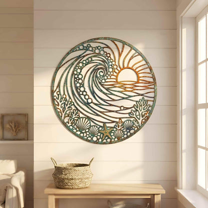 Coastal Metal Wall Art, Ocean Wave and Sunset Decor, Round Nautical Wall Hanging, Beach House Decor, Tropical Beach House Accent