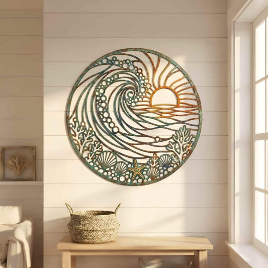 Coastal Metal Wall Art, Ocean Wave and Sunset Decor, Round Nautical Wall Hanging, Beach House Decor, Tropical Beach House Accent