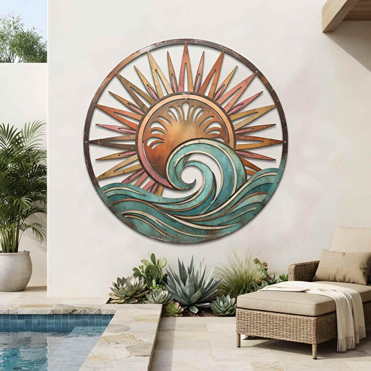 Coastal Sun Wave Metal Wall Decor, Colorful Sun and Wave Metal Wall Art, Beach House Decor, Poolside or Outdoor Patio Art, Ocean Lovers Gift