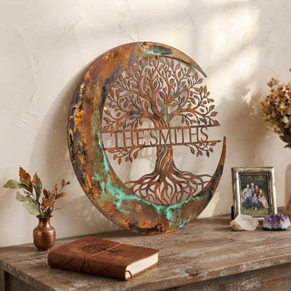Custom Family Name Tree of Life Metal Sign, Personalized Last Name Wall Decor, Crescent Moon Family Plaque, Family Gift