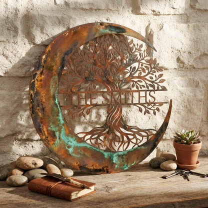 Custom Family Name Tree of Life Metal Sign, Personalized Last Name Wall Decor, Crescent Moon Family Plaque, Family Gift
