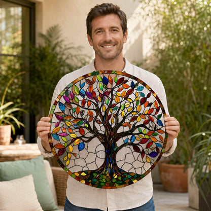 Colorful Tree of Life Metal Wall Art, Rainbow Leaf Nature Decor, Round Botanical Wall Hanging, Family Tree Gift, Home Accent
