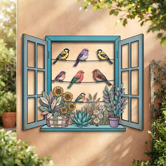 Colorful Bird Window Metal Wall Art, Floral Garden Decor, Outdoor Patio Ornament, Sunflower Nature Lover Gift, Garden Decor