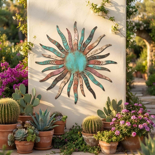 Colorful Metal Sun Wall Art, Southwestern Garden Decor, Turquoise Boho Sunburst, Outdoor Metal Wall Hanging, Rustic Patio Decor,