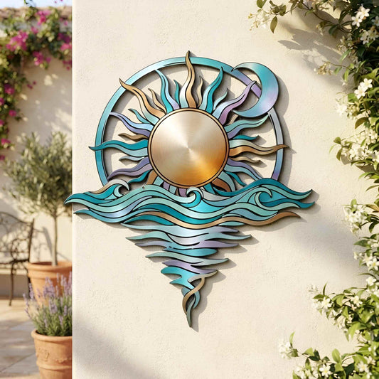 Sun and Moon Metal Wall Art, Ocean Wave Decor, Celestial Coastal Wall Hanging, Colorful Outdoor Patio or Beach House Decor