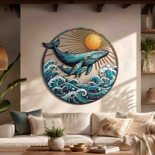 Metal Whale Wall Art, Ocean Wave and Sun Decor, Colorful Coastal Wall Hanging, Nautical Beach House Decor, Whale Lover Gift