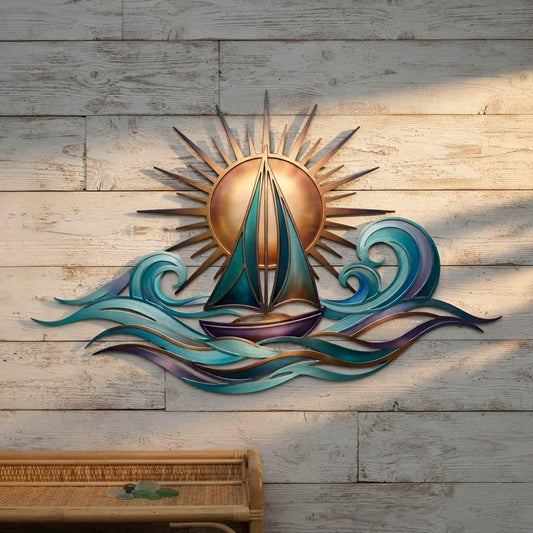 Coastal Sailboat Wall Decor, Sun and Sea Metal Art, Colorful Nautical Accent for Beach Home, Porch, Deck or Lake House