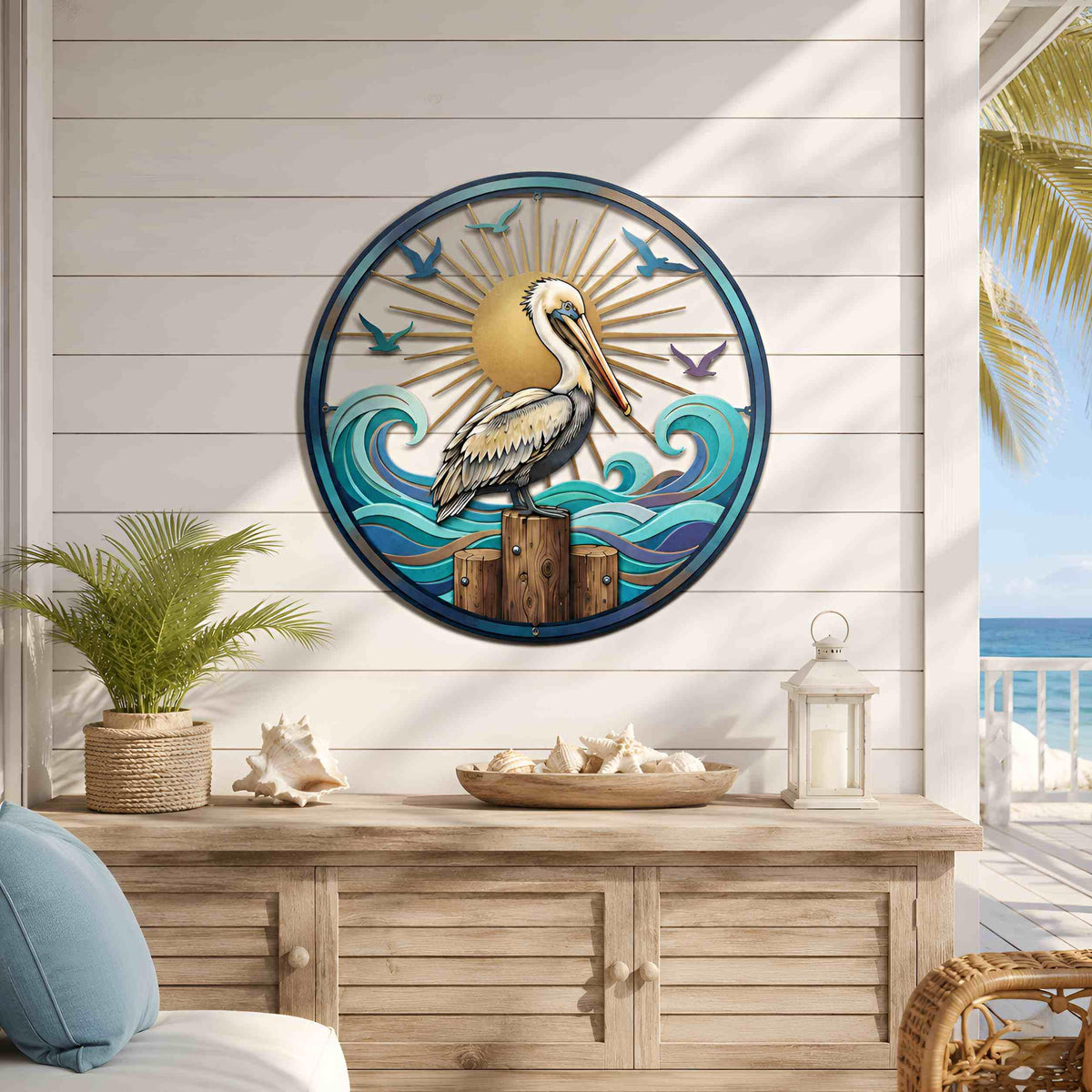 Pelican Metal  Wall Art, Coastal Ocean Wave Decor, Round Nautical Sculpture for Beach House, Patio or Living Room, Lake House Decor