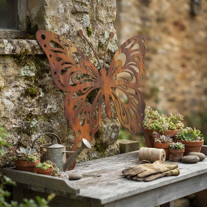 Butterfly Metal Wall Decor, Rustic Butterfly Outdoor Garden Sculpture, Large Weathered Wall Art for Backyard, Fence or Patio