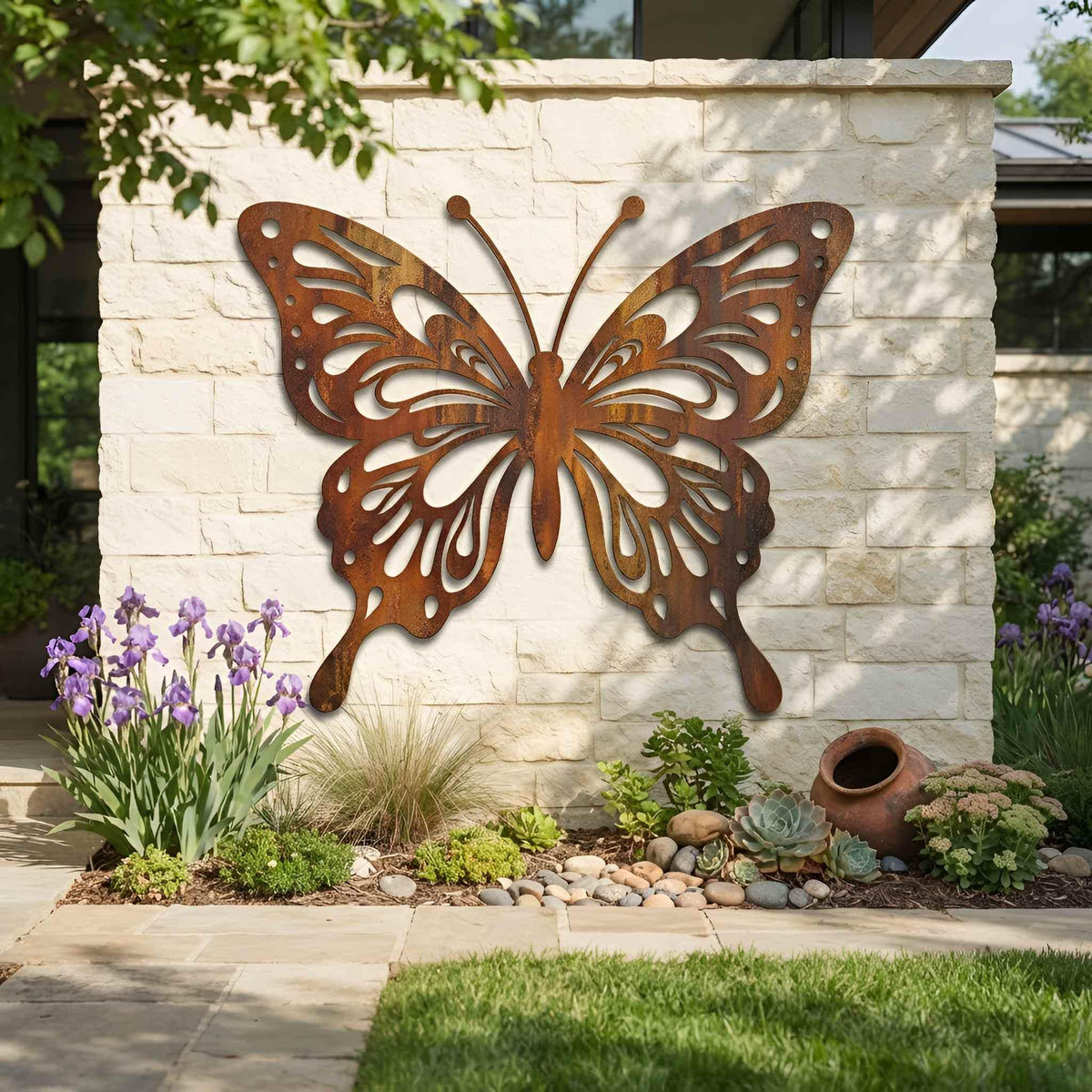 Butterfly Metal Wall Decor, Rustic Butterfly Outdoor Garden Sculpture, Large Weathered Wall Art for Backyard, Fence or Patio