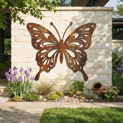 Butterfly Metal Wall Decor, Rustic Butterfly Outdoor Garden Sculpture, Large Weathered Wall Art for Backyard, Fence or Patio