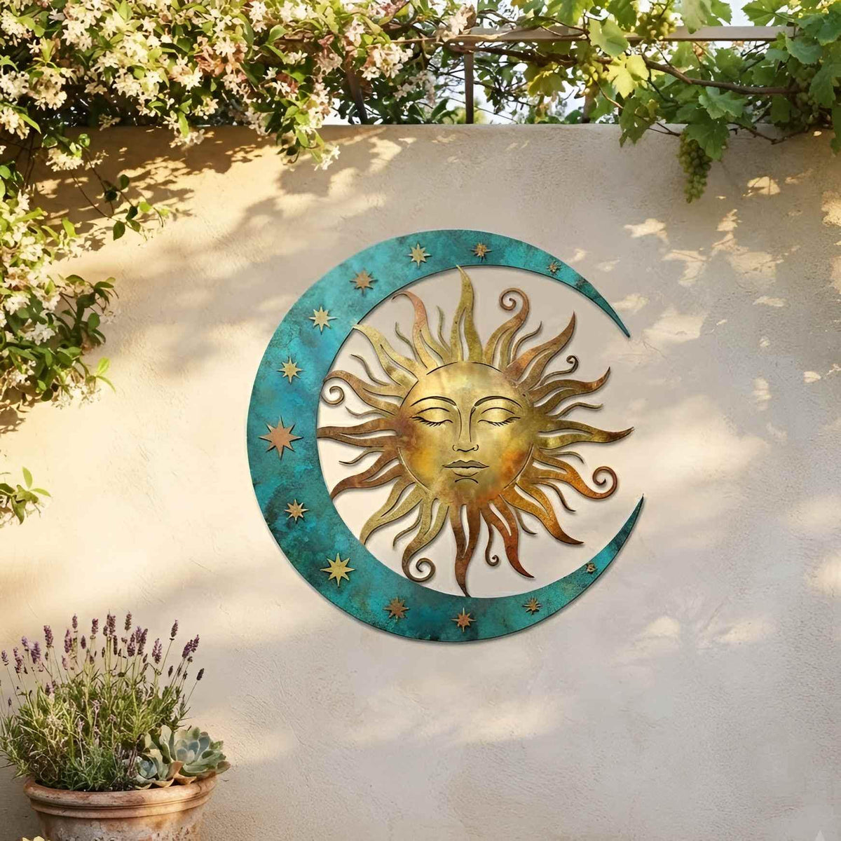 Celestial Sun and Moon Metal Wall Art, Turquoise Crescent and Stars Decor, Boho Indoor Outdoor Garden Wall Hanging, Home Decor