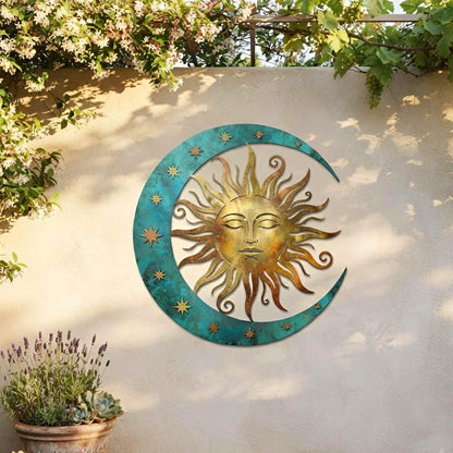 Celestial Sun and Moon Metal Wall Art, Turquoise Crescent and Stars Decor, Boho Indoor Outdoor Garden Wall Hanging, Home Decor