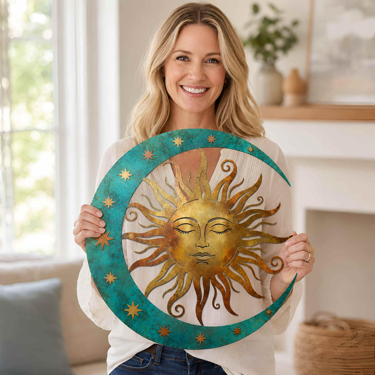 Celestial Sun and Moon Metal Wall Art, Turquoise Crescent and Stars Decor, Boho Indoor Outdoor Garden Wall Hanging, Home Decor