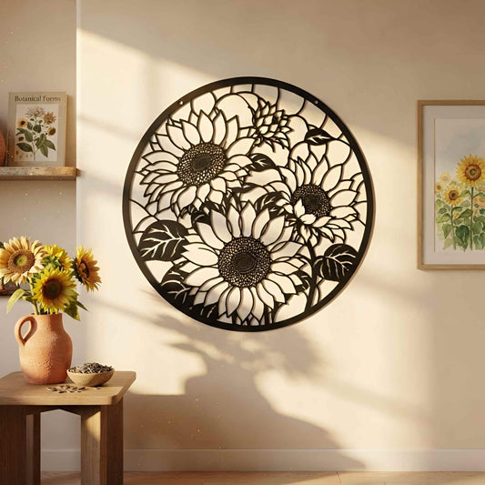 Sunflower Metal Wall Art, Round Floral Garden Decor with Birds, Outdoor Patio Wall Hanging, Rustic Farmhouse Flower Sign