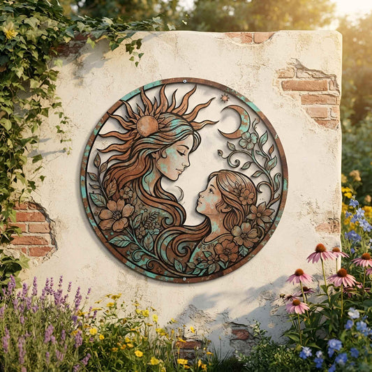 Mother Child Metal Wall Hanging, Sun Moon Floral Art, Rustic Garden Decor, Maternal Love Gift for Mom and Daughter