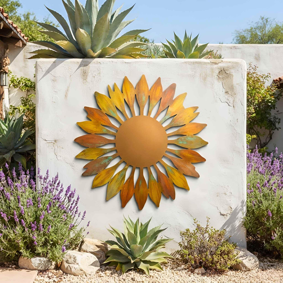 Large Sunburst Flower Metal Wall Art, Heat Patinated Outdoor Floral Wall Hanging, Modern Daisy Metal Wall Sculpture, Exterior Wall Decor