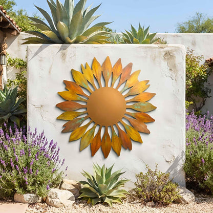 Large Sunburst Flower Metal Wall Art, Heat Patinated Outdoor Floral Wall Hanging, Modern Daisy Metal Wall Sculpture, Exterior Wall Decor