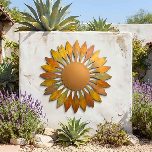Large Sunburst Flower Metal Wall Art, Heat Patinated Outdoor Floral Wall Hanging, Modern Daisy Metal Wall Sculpture, Exterior Wall Decor