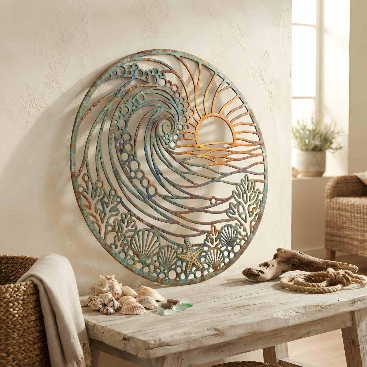 Coastal Metal Wall Art, Ocean Wave and Sunset Decor, Round Nautical Wall Hanging, Beach House Decor, Tropical Beach House Accent