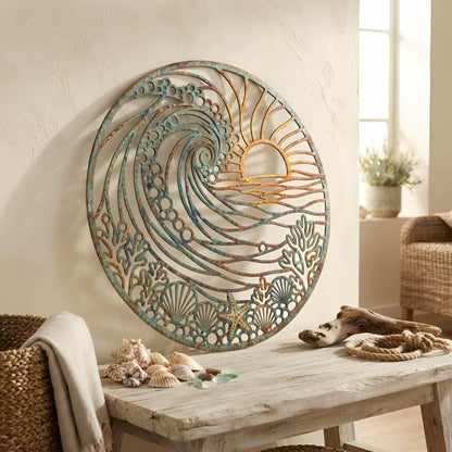 Coastal Metal Wall Art, Ocean Wave and Sunset Decor, Round Nautical Wall Hanging, Beach House Decor, Tropical Beach House Accent