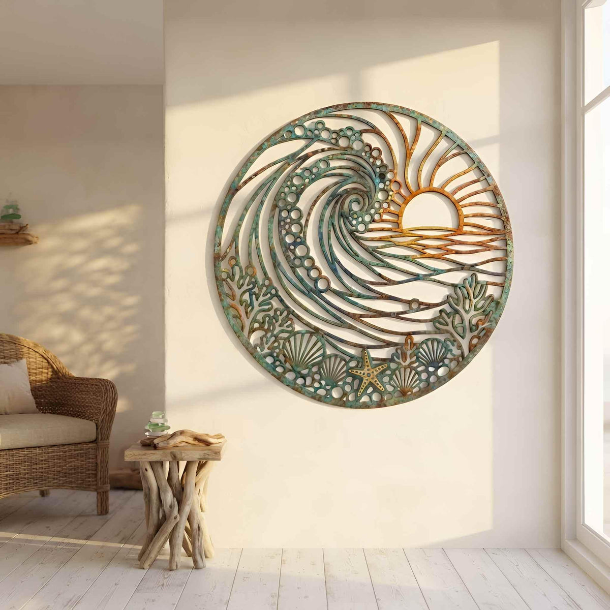 Coastal Metal Wall Art, Ocean Wave and Sunset Decor, Round Nautical Wall Hanging, Beach House Decor, Tropical Beach House Accent