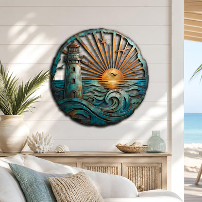 Lighthouse Metal Wall Art, Coastal Lighthouse Wall Decor, Coastal Home Decor, Nautical Beach House Decor, Sunset Ocean Sign, New Home Gift