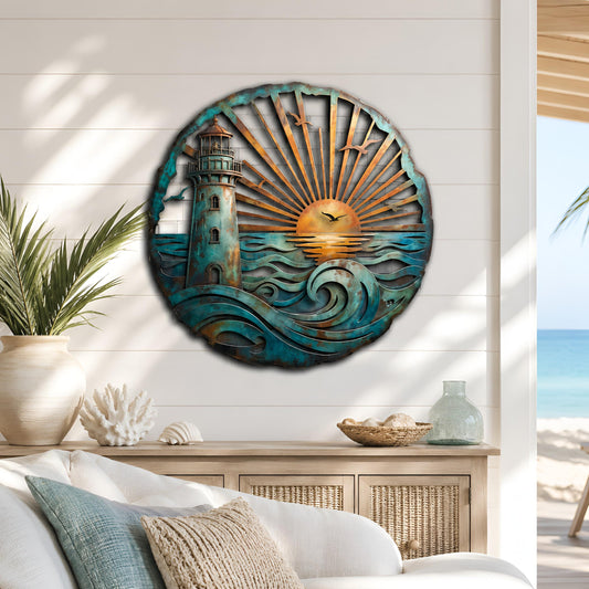 Lighthouse Metal Wall Art, Coastal Lighthouse Wall Decor, Coastal Home Decor, Nautical Beach House Decor, Sunset Ocean Sign, New Home Gift