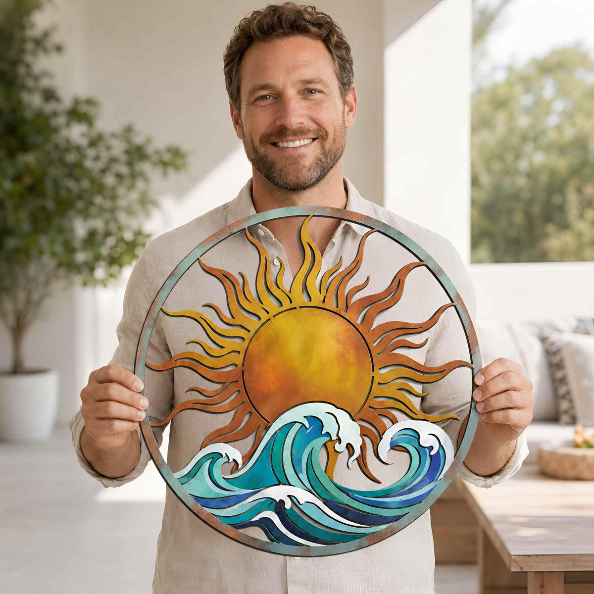 Ocean Wave and Sun Wall Art, Round Metal Coastal Decor, Beach House Outdoor Art, Nautical Garden Wall Hanging, Nature Lover Gift