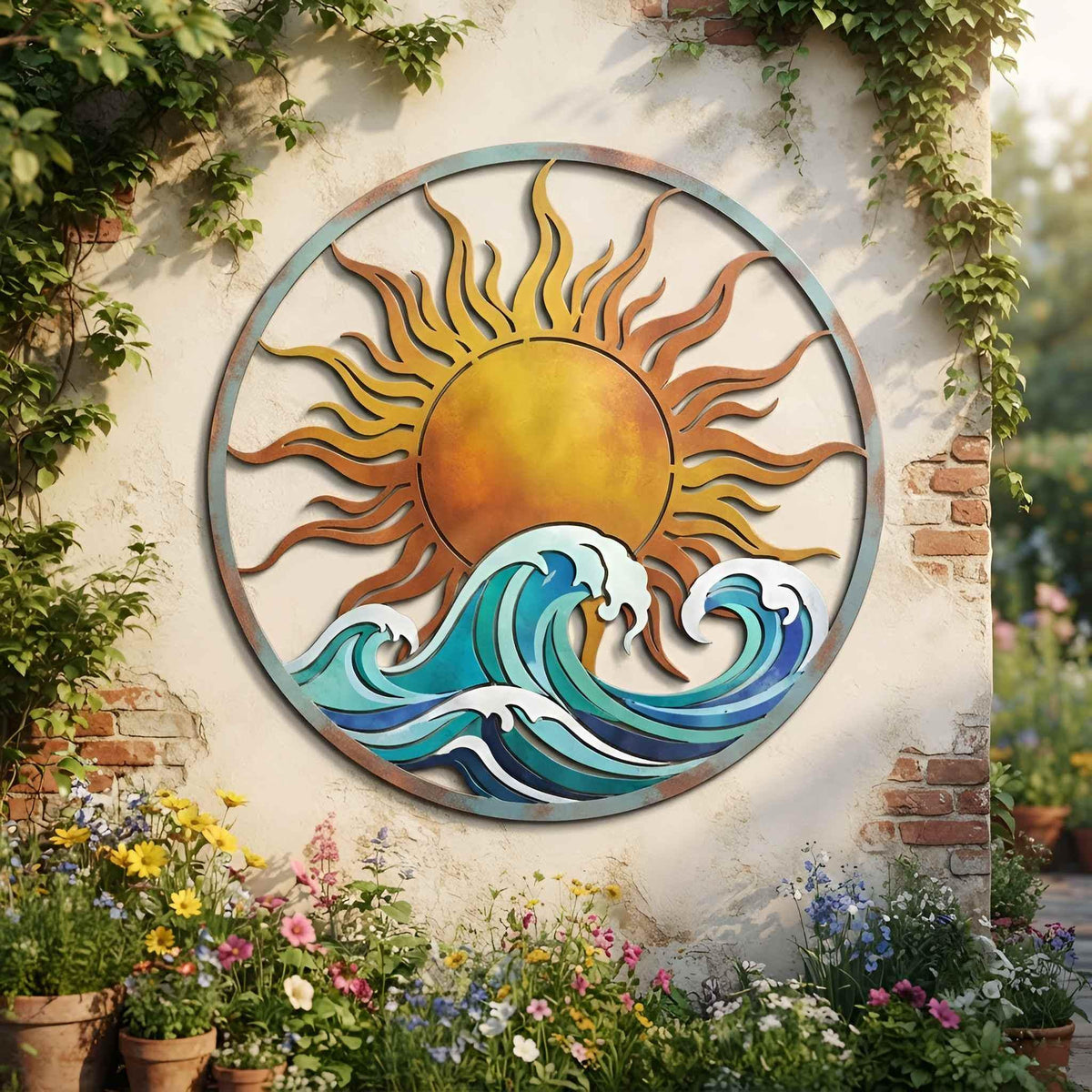Ocean Wave and Sun Wall Art, Round Metal Coastal Decor, Beach House Outdoor Art, Nautical Garden Wall Hanging, Nature Lover Gift
