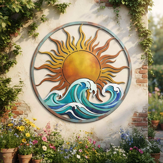 Ocean Wave and Sun Wall Art, Round Metal Coastal Decor, Beach House Outdoor Art, Nautical Garden Wall Hanging, Nature Lover Gift