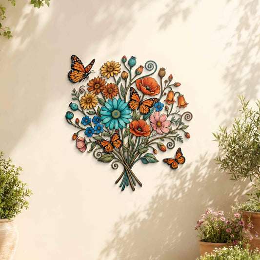Butterfly Flower Wall Art, Colorful Floral Metal Wall Decor, Wildflower Bouquet Sculpture, Garden Patio Home Decor, Flower Lover Gift